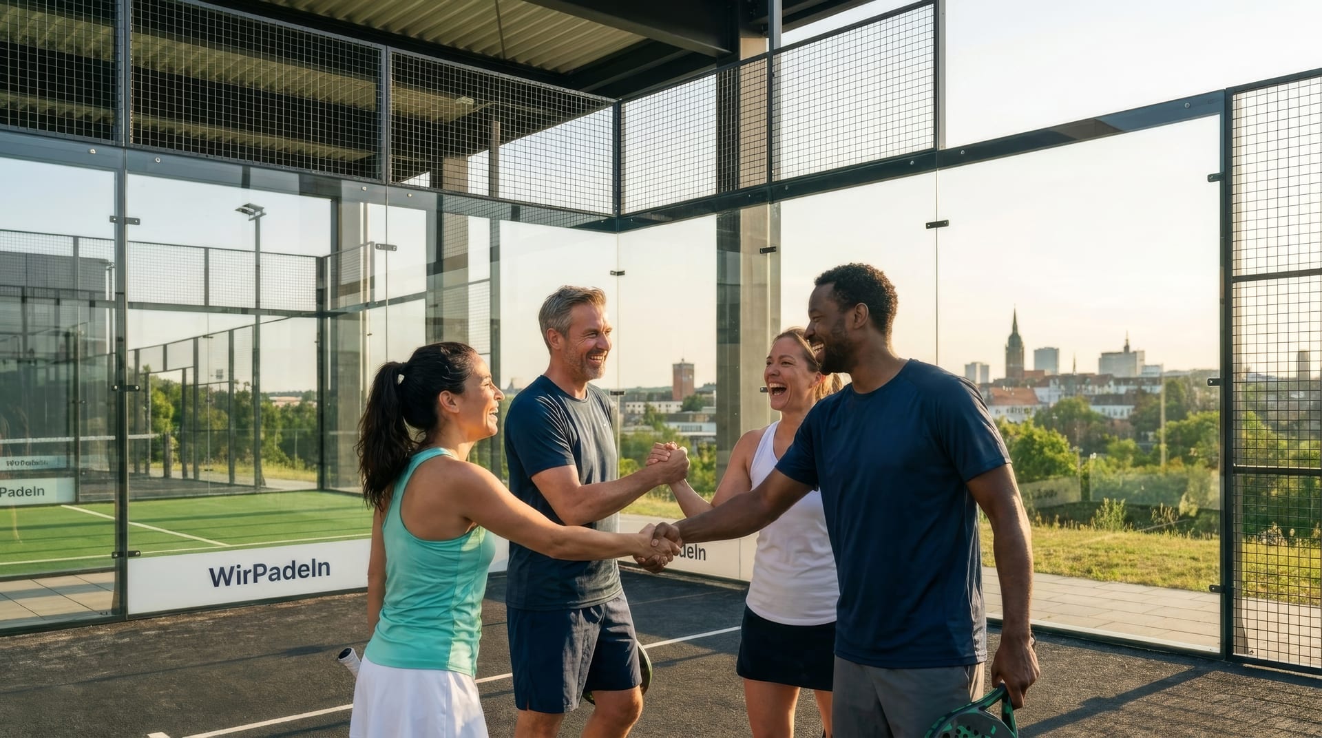 Padel-Court — drei Spieler im Match unter Flutlicht
