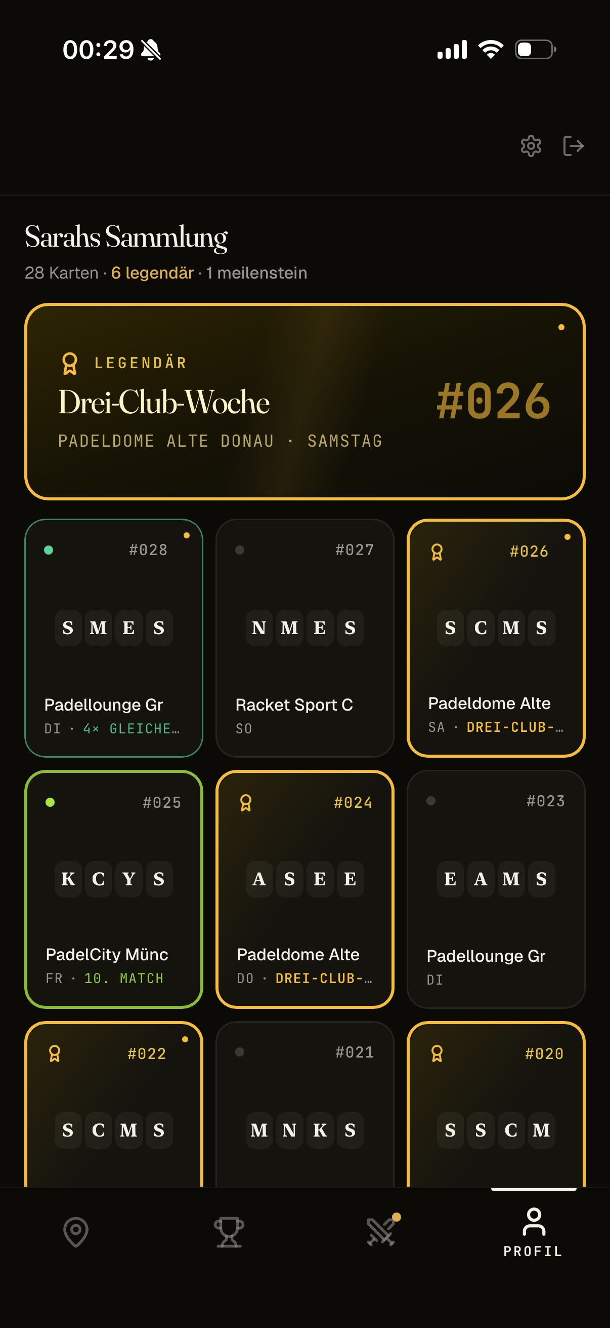 Sarahs Sammlung — 28 Sammelkarten nach jedem Padel Match, mit legendären und seltenen Karten