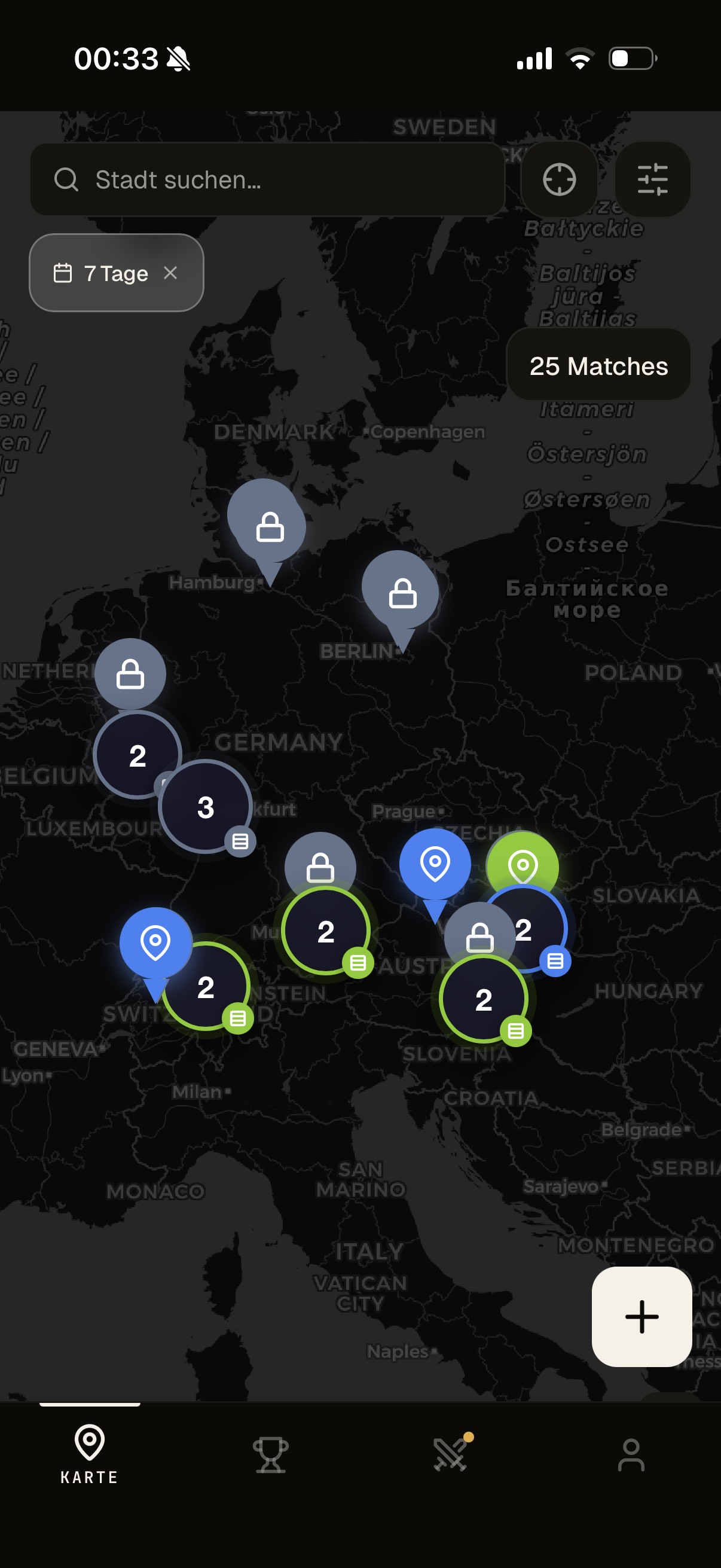 WirPadeln Karte — 25 offene Padel Matches im DACH-Raum
