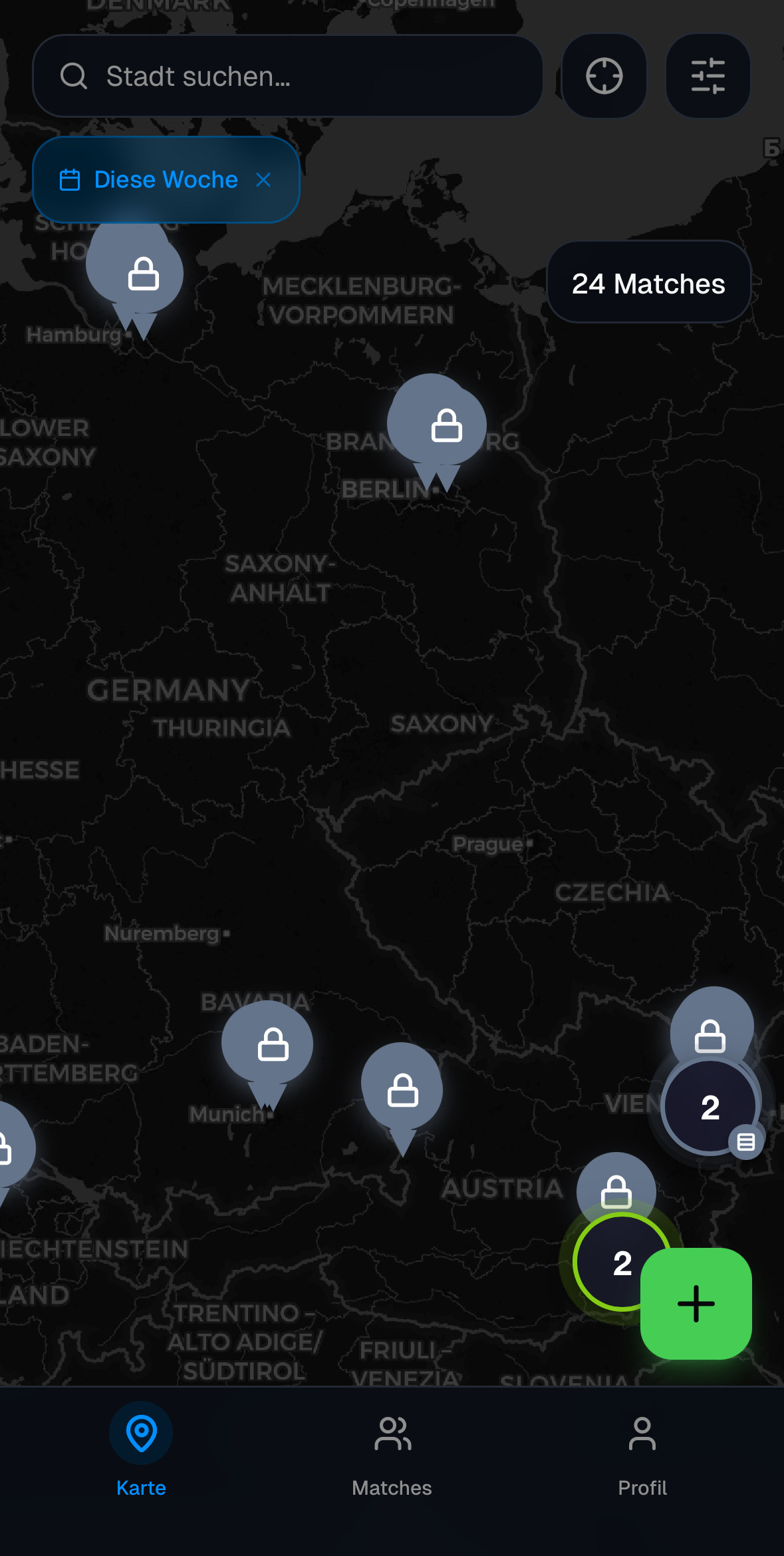 WirPadeln Karte – offene Padel Matches im DACH-Raum