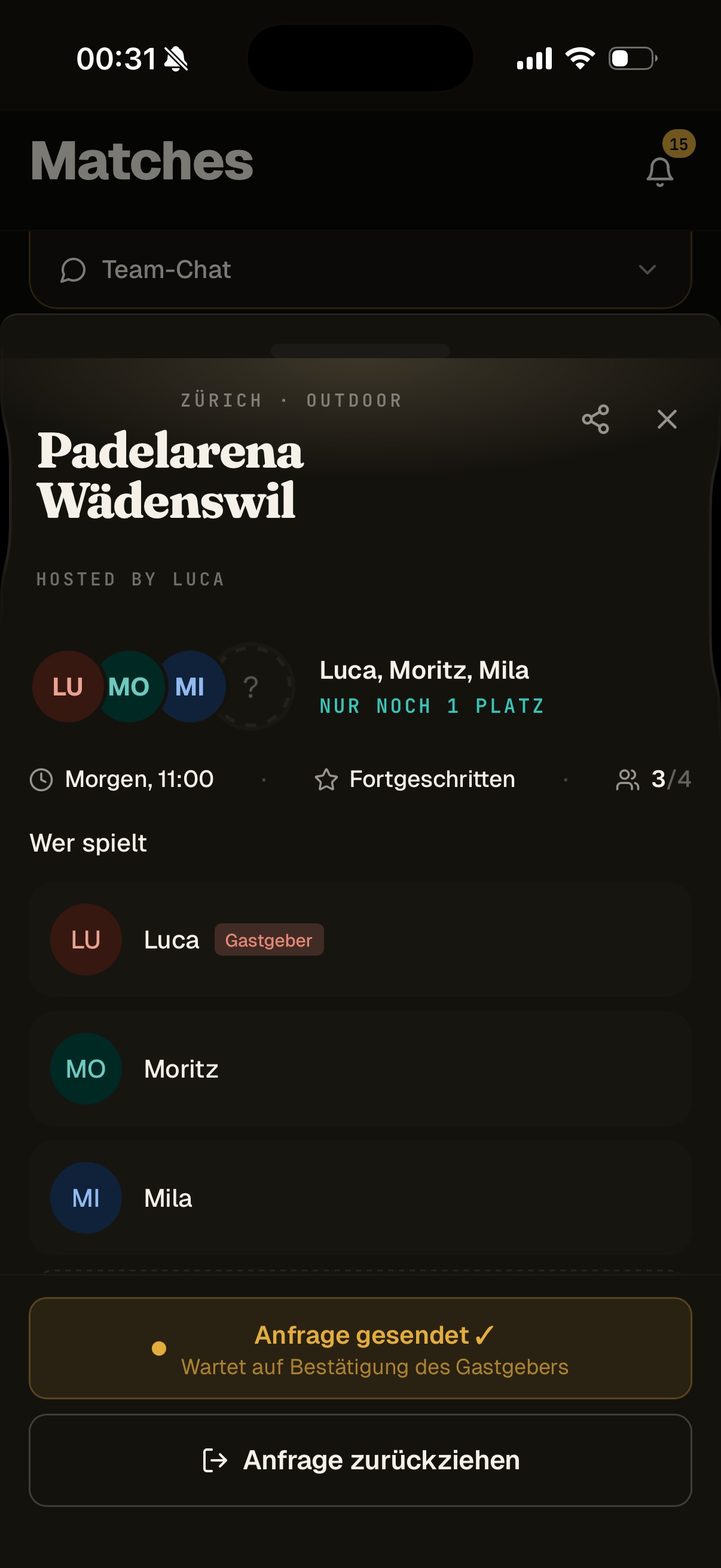Match-Detail: Padelarena W&auml;denswil, 3 Spieler, nur noch 1 Platz frei