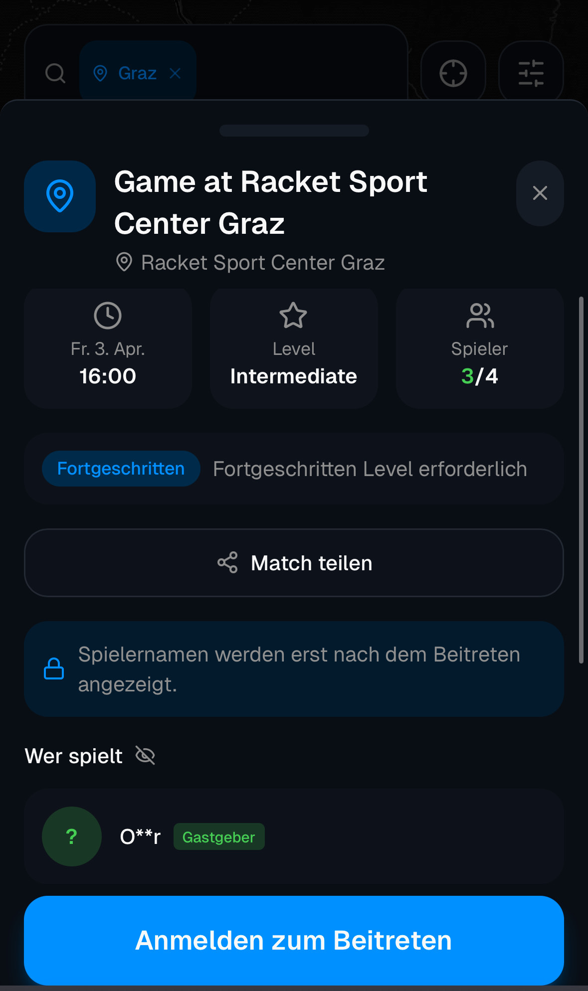 Match-Detail: Club, Level, freie Pl&auml;tze, Beitreten-Button