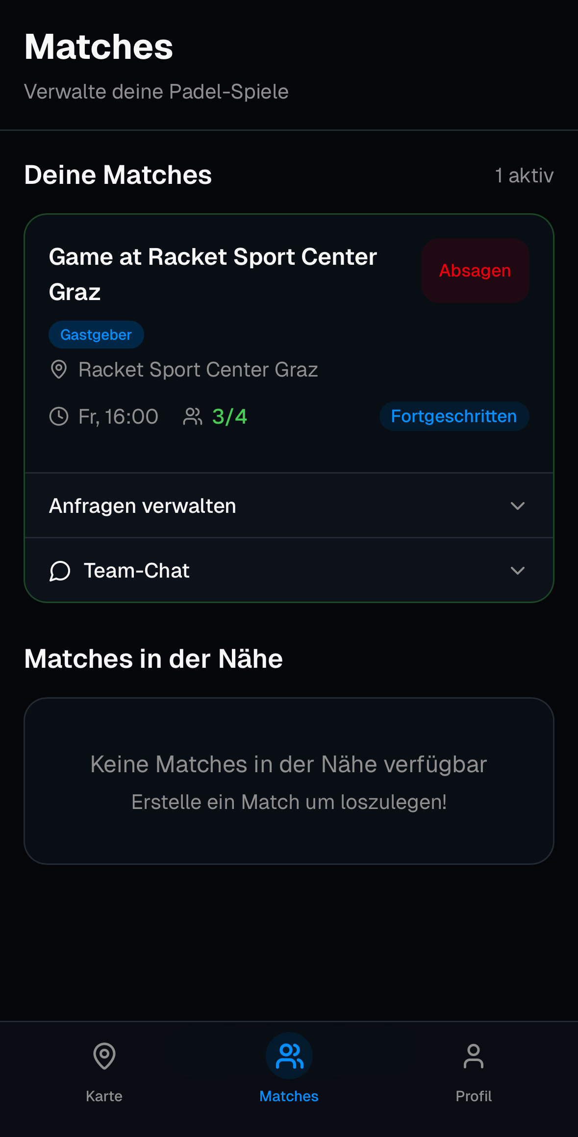 Matches-Ansicht mit Team-Chat