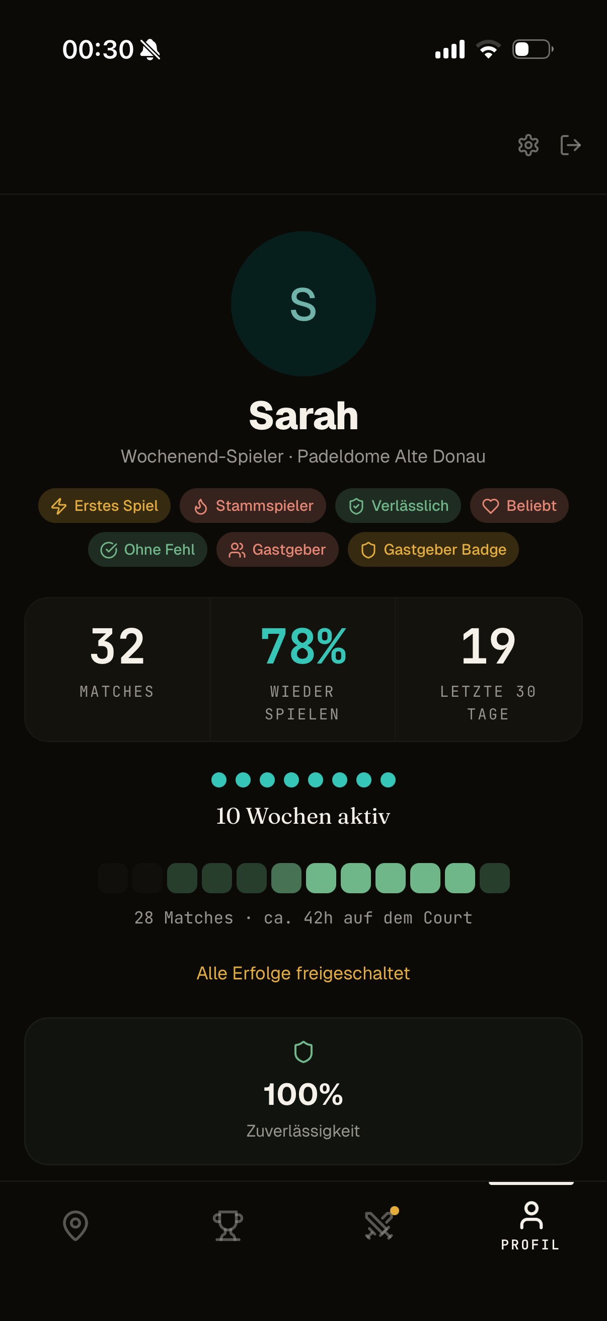 Spielerprofil — 32 Matches, 100% Zuverl&auml;ssigkeit, 7 Badges, 10 Wochen aktiv