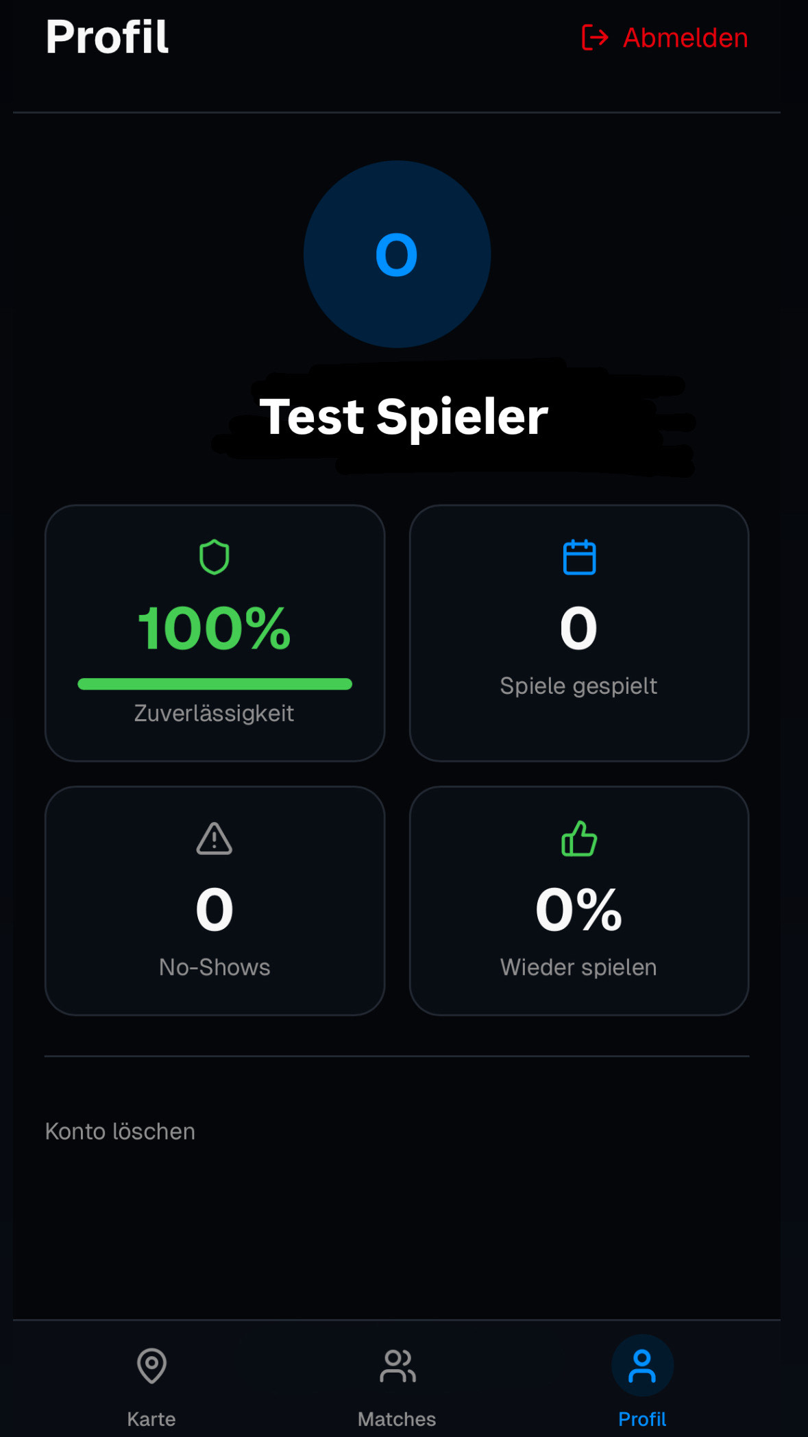 Spielerprofil: 100% Zuverlässigkeit, Spiele gespielt, No-Shows, Wieder spielen