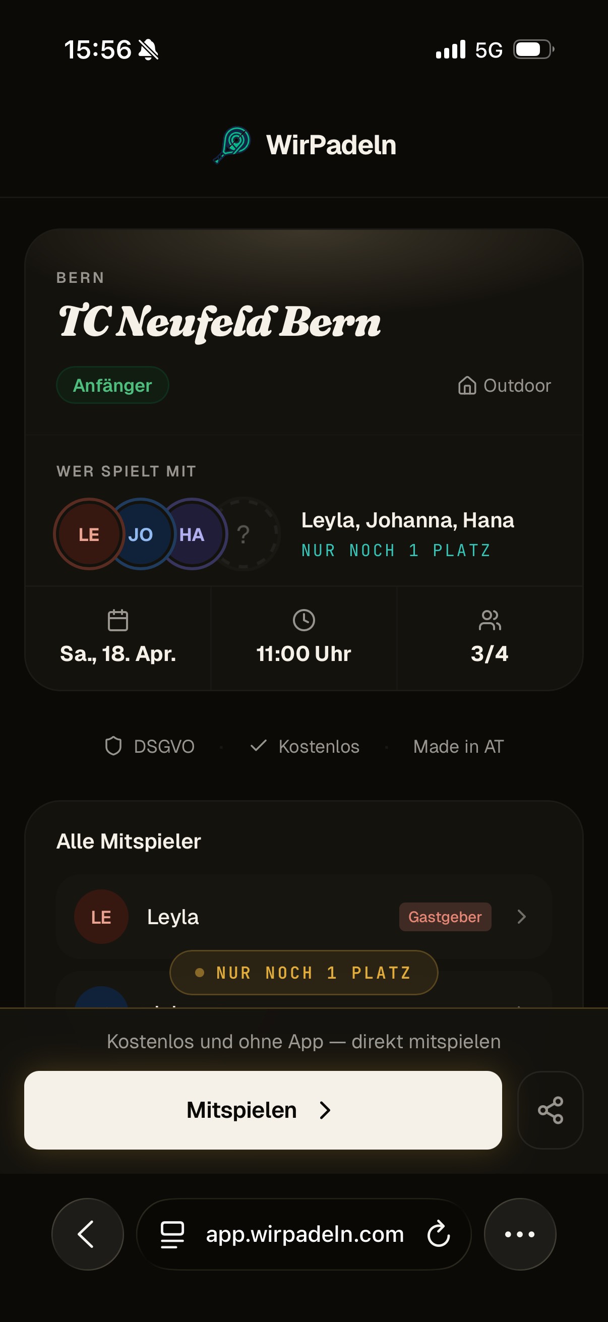 &Ouml;ffentliche Match-Seite: TC Neufeld Bern, 3 Spieler, Mitspielen-Button