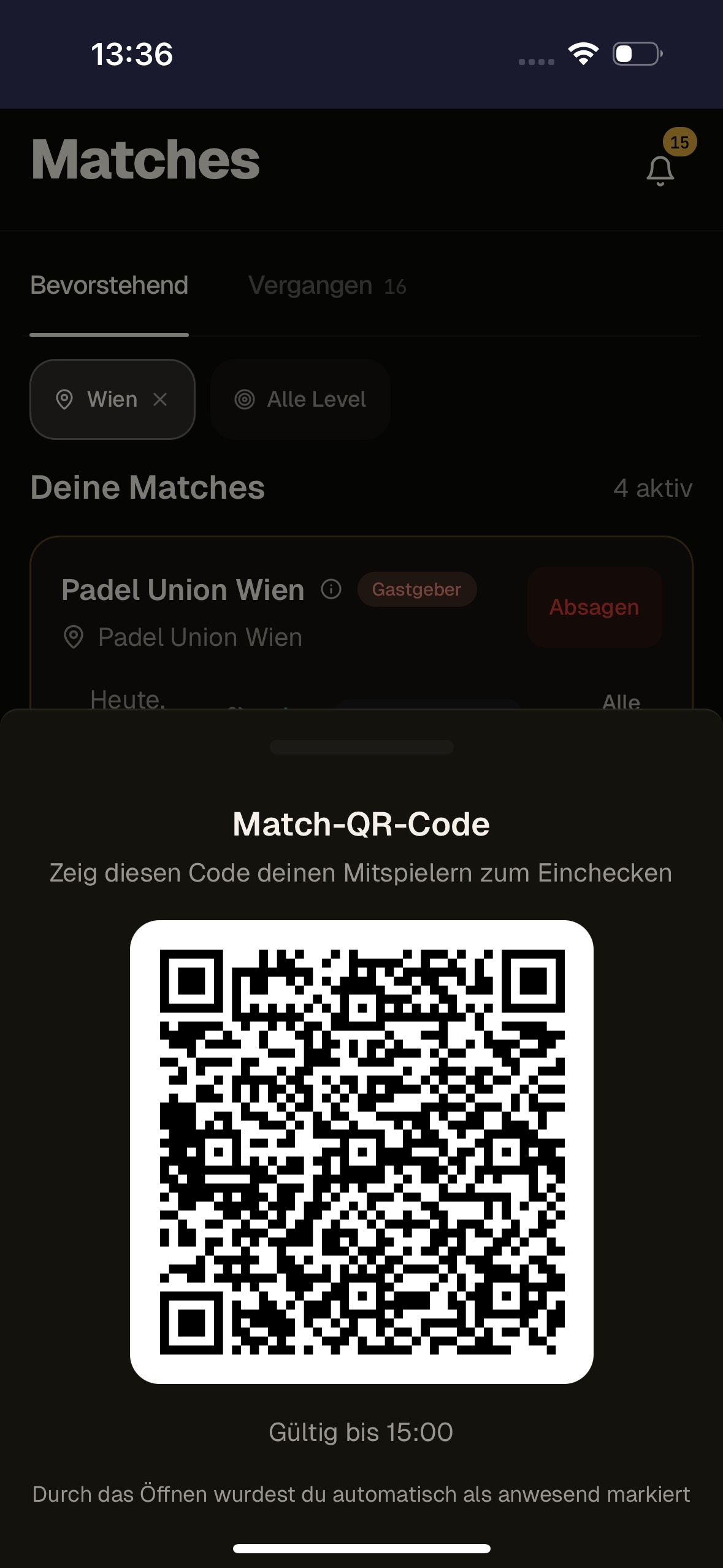 Match-QR-Code f&uuml;r Anwesenheits-Check-in